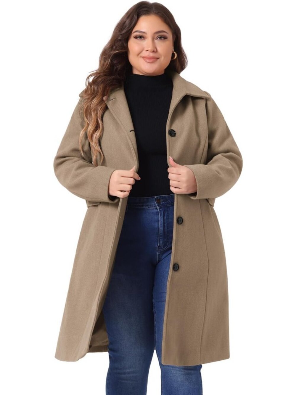 Plus Size Women's Winter Long Coat - Single Breasted, Belted, Stylish & Warm